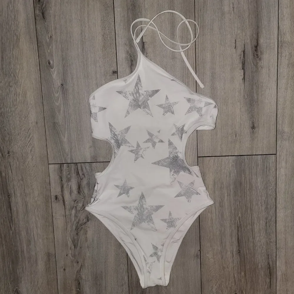 Aerie Women's Winter White Low Back Star Print High Leg Halter Swimsuit …